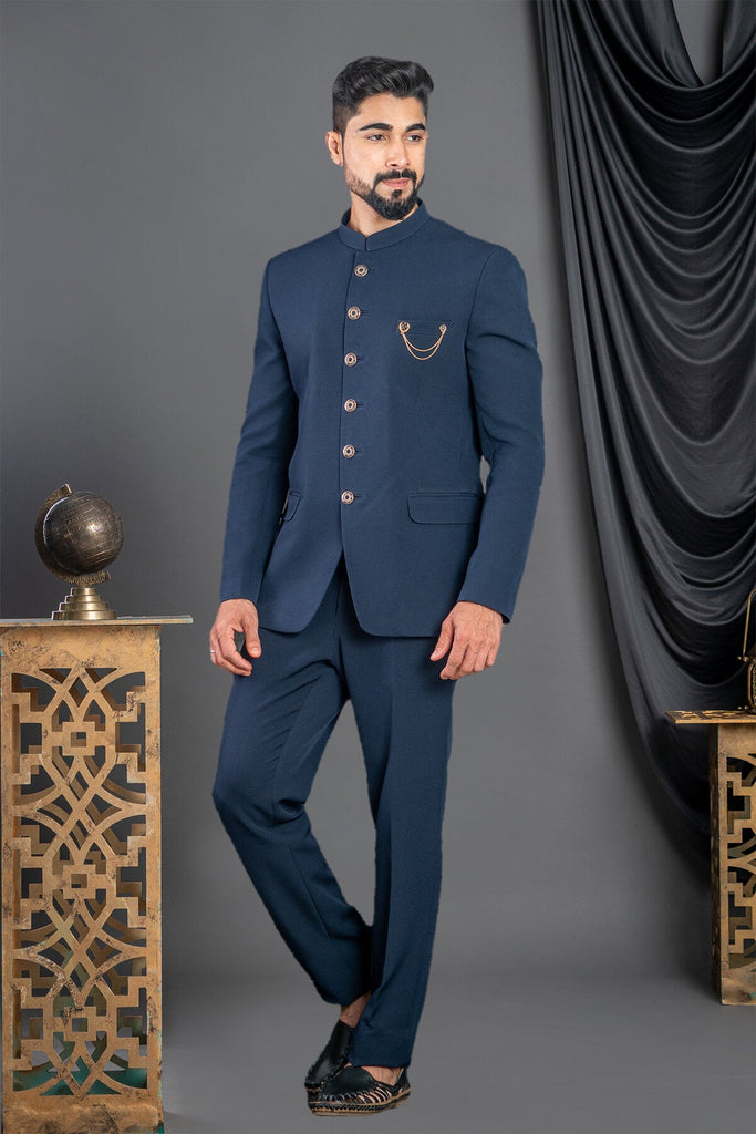 Teal blue printed jodhpuri suit in terry rayon - G3-MCO1334 | G3nxt.com